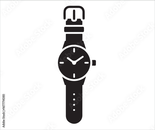 Silhouette of wristwatch with leather strap, vector timepiece illustration symbolizing punctuality, fashion accessory, clock, schedule, elegance, lifestyle, design, precision, countdown, and time mana