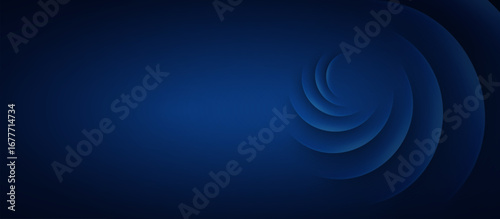 Abstract deep navy blue background with layered concentric curved shapes, modern swirling gradient design, dimensional depth effect, elegant fluid wave pattern for digital use