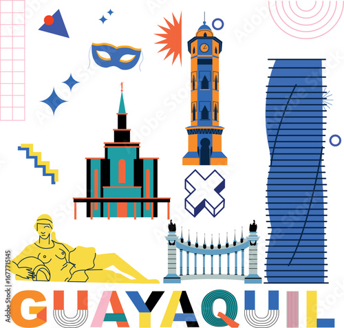 Guayaquil culture travel set, famous architectures, Ecuador in flat design. Memphis business travel and tourism concept clipart. Image for presentation, banner, website, advert, flyer, roadmap, icons