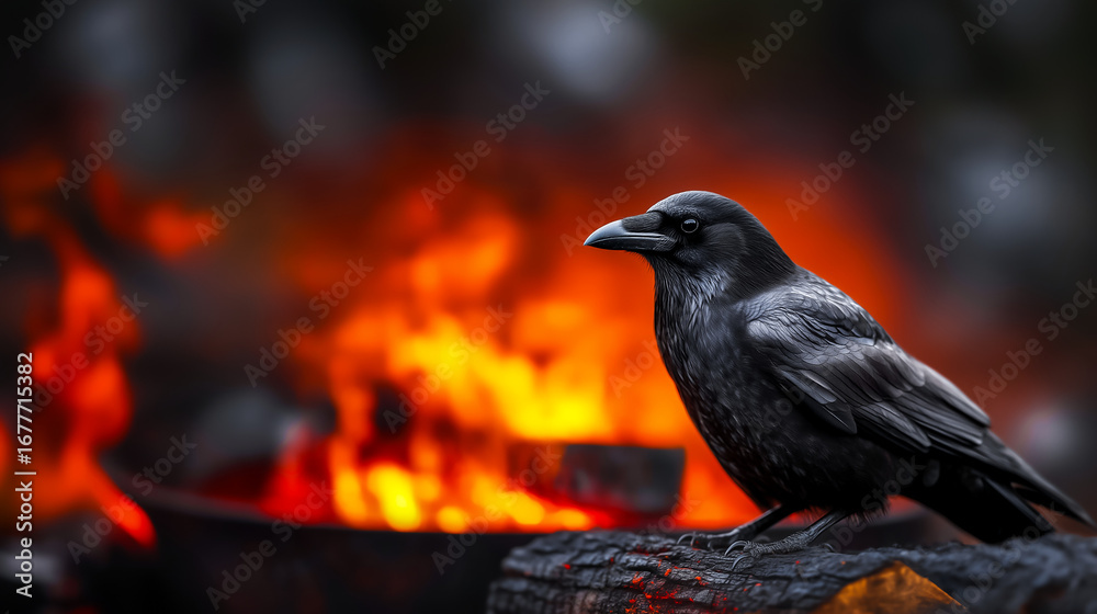 Fototapeta premium A raven sits on log against background of burning fire, copy space with Halloween concept, an idea for poster with horror atmosphere is perfect for All Hallows' Day and gothic horror concepts