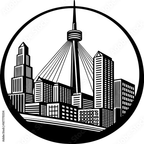 Illustration of a black and white cityscape with a tall tower inside of a black circle frame