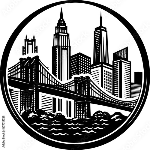Black and white silhouette of a city skyline with a bridge inside of a circle design element