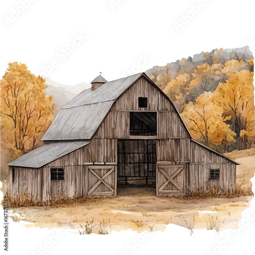 Rustic Barn Fall Landscape, watercolor vector, isolated on a white background.