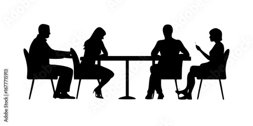 Silhouette of four people sitting at a table in a meeting or discussion setting in black and white