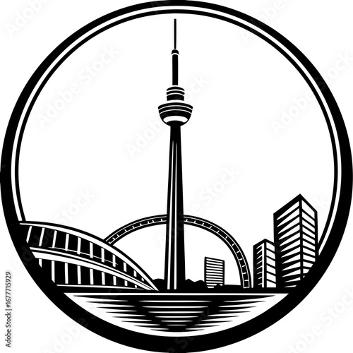 Black and white skyline design featuring a tall tower bridge and modern buildings inside a circle frame