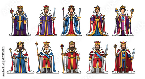 Ten cartoon kings and queens in royal attire holding scepters and swords on a white canvas view