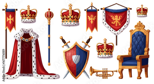 Regal emblems featuring crowns, banners, throne, cloak, shield, swords, and a golden trumpet icon set