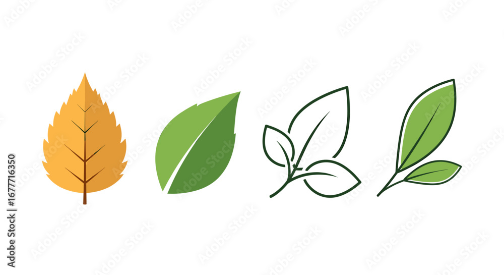 Naklejka premium Illustrated leaves showing different styles and forms of foliage in varied green shades