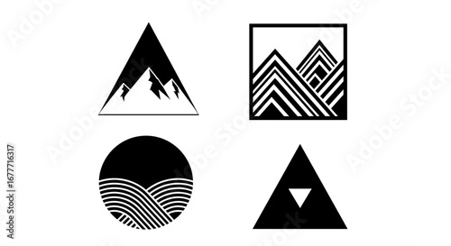 Four geometric shapes displaying mountains and waves in a graphic design element style