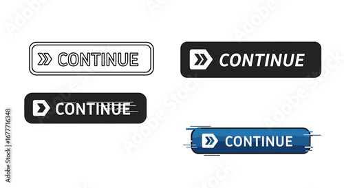 Four continue buttons with different styles and arrow icons displayed on a white presentation