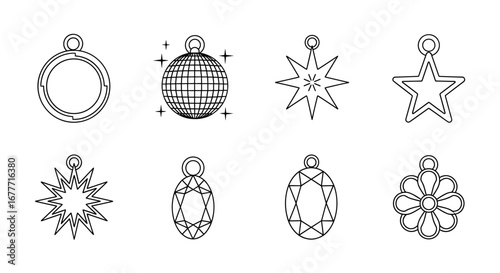 Assortment of outlined pendants featuring geometric and floral designs in a symmetrical arrangement