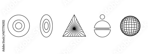 Geometric shapes arranged in a row featuring circles triangle and sphere with line details art design