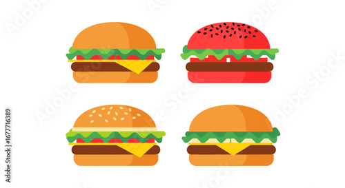 Four burgers with different buns and fillings arranged in a square formation on a white space