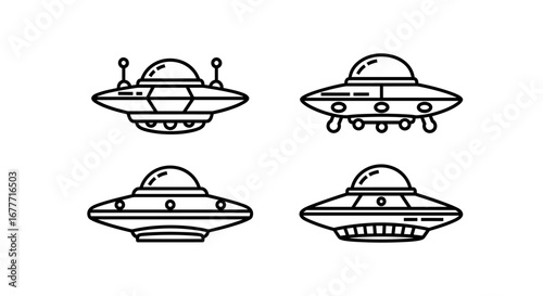 Four outlined flying saucers with different designs displayed on a plain white presentation area