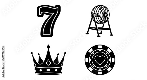 A graphical representation of number seven, bingo machine, crown and poker chip icons isolated