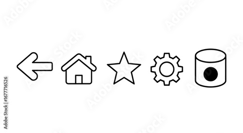 Depiction of arrow, house, star, gear, and cylinder icons aligned horizontally on a plain setting