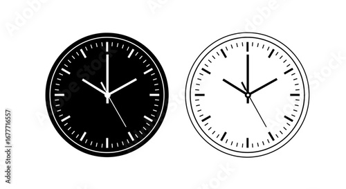 Two clock faces showing different times, one solid and one outline, against a plain presentation