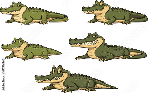 cartoon, crocodile, animal, illustration, green, reptile, character, cute, lying down, tail, expression, wildlife, vector, pose, design