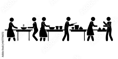 Black stick figures preparing and serving food at tables in a cafeteria or soup kitchen setting