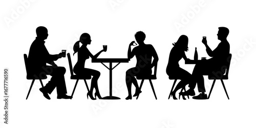 Silhouette illustration of people at tables drinking and socializing in an outdoor cafe setting