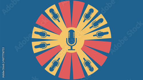 Dynamic radial design featuring multiple microphones amplifying a central broadcast symbol for audio content creation