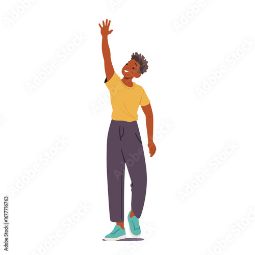 Happy African American boy cartoon character standing with raised hand up isolated on white