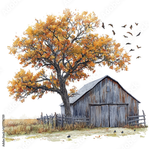 Rustic Barn Fall Landscape, watercolor painting vector, isolated on a white background.