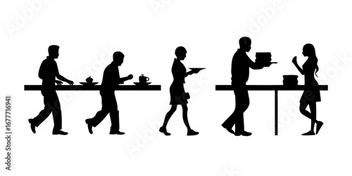 Silhouettes of people serving food and drinks at a buffet table in a restaurant or cafeteria setting