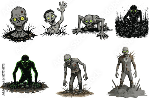 Creepy zombies rising from graves, undead monsters crawling, scary cartoon horror artwork, spooky Halloween illustration, dark cemetery design