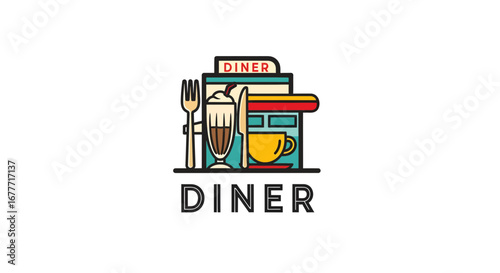 Diner Scene, Food and Drinks, Classic American Eatery, Illustration, Nostalgic Ambiance, Front View, Culinary Culture