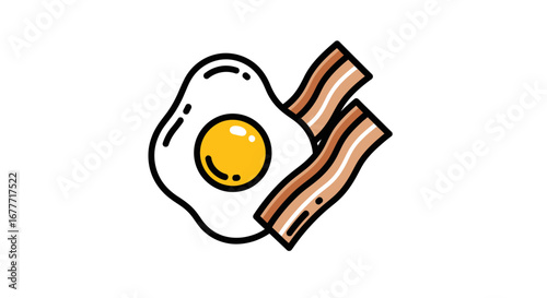 Delicious Breakfast Dish Featuring Fried Eggs and Crispy Bacon on a White Plate, Delicious Food, Bright Kitchen, Flat Lay View
