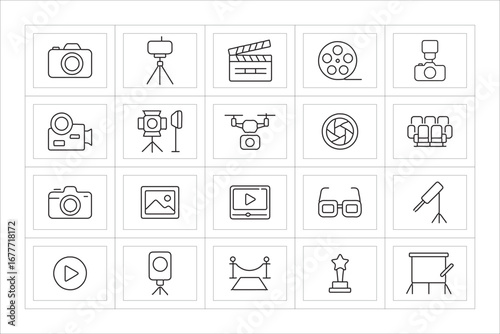 Collection of hand drawn icons representing filmmaking and photography equipment

