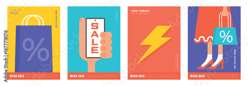 A collection of vertical promotional posters for a mega sale, featuring various retail symbols like a shopping bag, a smartphone, and a lightning bolt. Designed in a bold, colorful flat style for