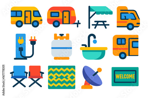 RV Camping Icons. Flat vector icons of RV camping: camper van, travel trailer, awning setup, electric hookup, propane tank, RV