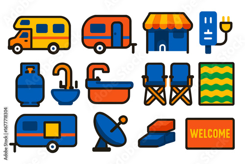 RV Camping Icons. Flat vector icons of RV camping: camper van, travel trailer, awning setup, electric hookup, propane tank, RV