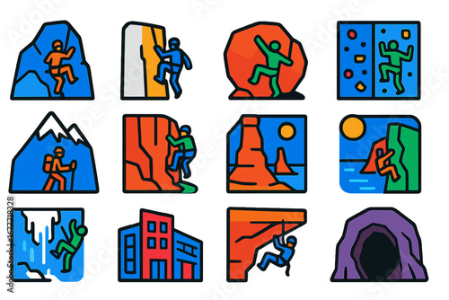 Flat Climbing Icons. Flat vector icons of rock climbing locations: granite crag, limestone cliff, sandstone boulder, gym wall,