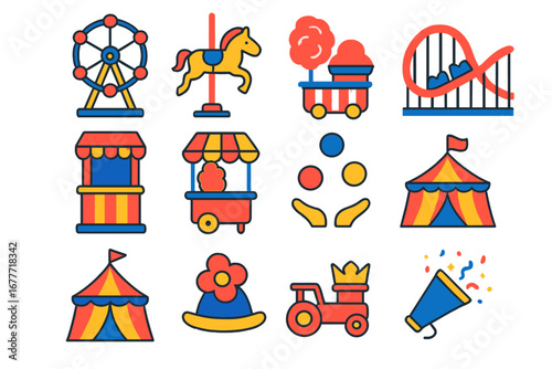 Colorful Carnival Icons. Flat vector icons of carnivals: Ferris wheel, carousel horse, roller coaster, ticket booth, cotton candy