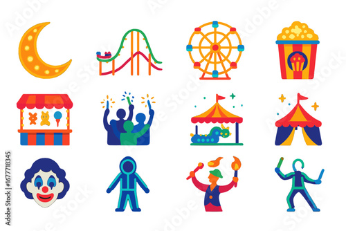 Nighttime Carnival Icons. Flat vector icons of nighttime carnival: moon with lights, glowing rides, lit Ferris wheel, neon popcorn