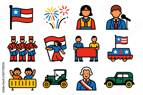 National Parade Icons. Flat vector icons of national day parades: national flag, fireworks display, ethnic costume, parade