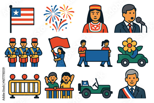 National Parade Icons. Flat vector icons of national day parades: national flag, fireworks display, ethnic costume, parade
