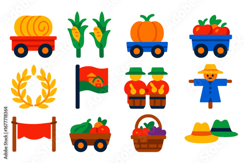 Vibrant Harvest Icons. Flat vector icons of harvest parades: hay bale float, corn stalks, pumpkin wagon, apple cart, wheat crown,