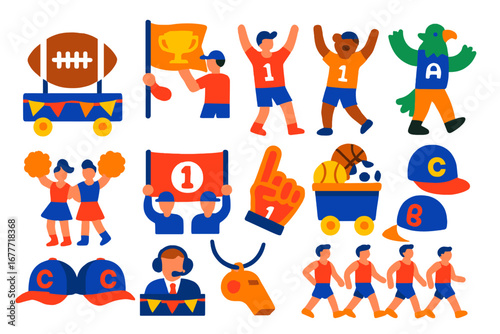 Sports Parade Icons. Flat vector icons of sports-themed parades: football float, trophy flag, jersey dancers, sports mascots,