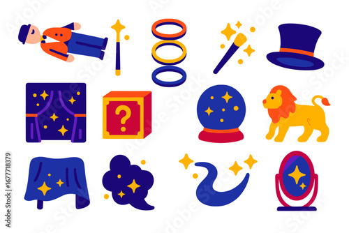 Magical Circus Icons. Flat vector icons of magical circus elements: levitating performer, glowing wand, floating rings, enchanted