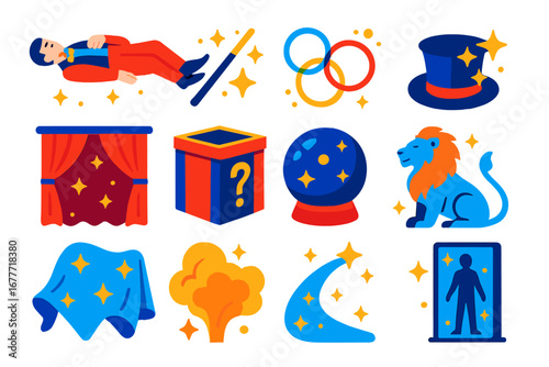 Magical Circus Icons. Flat vector icons of magical circus elements: levitating performer, glowing wand, floating rings, enchanted