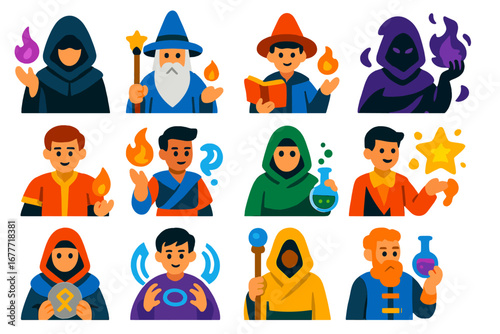 Fantasy Magician Icons. Flat vector icons of fantasy magicians: hooded sorcerer, old wizard, young apprentice, shadow mage, light