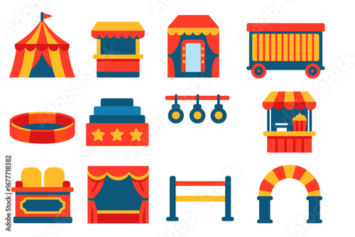 Circus Flat Icons. Flat vector icons of circus tents and interiors: classic striped tent, ticket booth, backstage area, animal