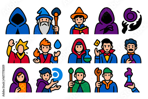 Fantasy Magician Icons. Flat vector icons of fantasy magicians: hooded sorcerer, old wizard, young apprentice, shadow mage, light