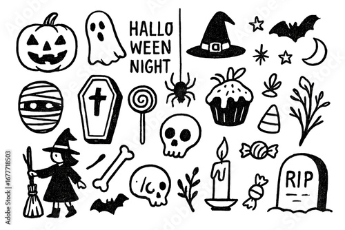 Halloween Doodle Set. Halloween night doodle set: hand drawn icons for spooky costumes, treats, and decorations, isolated