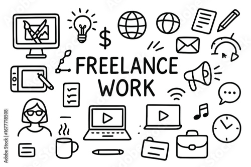 Freelance Icons Doodle. Freelance work doodle set: hand drawn icons for creative digital tasks and online gigs, isolated