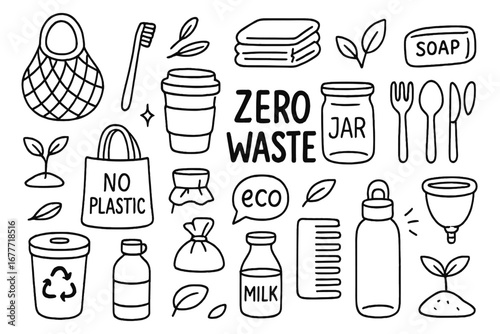 Eco-Friendly Doodle Icons. Zero waste lifestyle doodle set: hand drawn icons for eco swaps and sustainable living habits, isolated